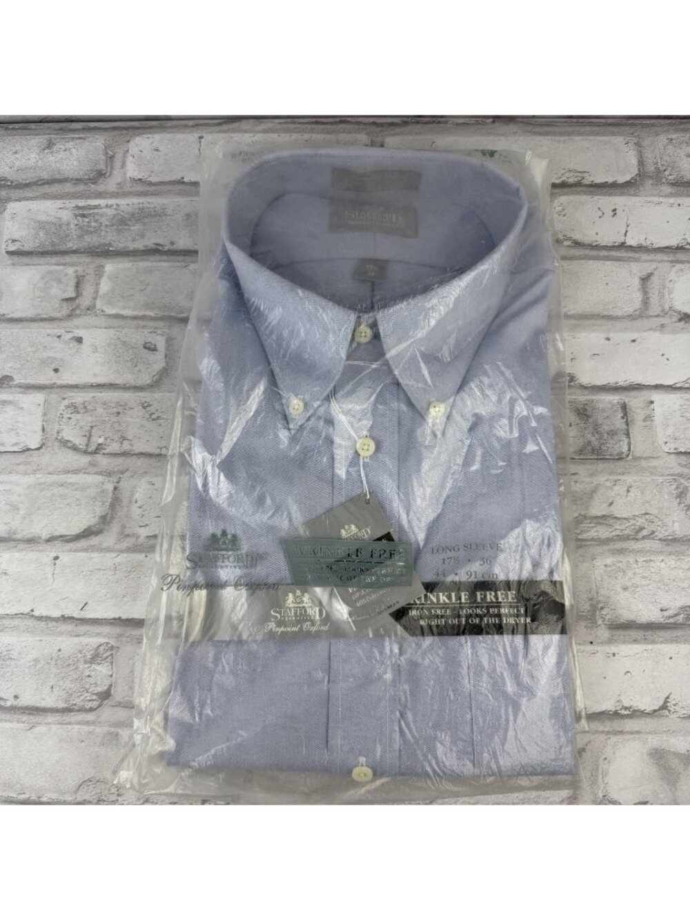 Stafford Wrinkle Free Blue Oxford Button Down Shirt Men's 17.5 Long Sleeve NEW